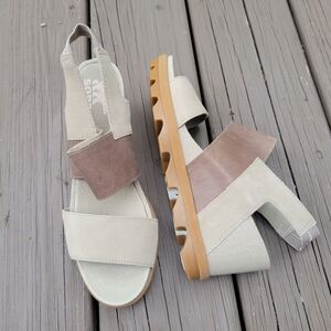 Sorel Joanie II Slingback Tan Brown Leather Wedge Platform Chunky Sandals 9.5